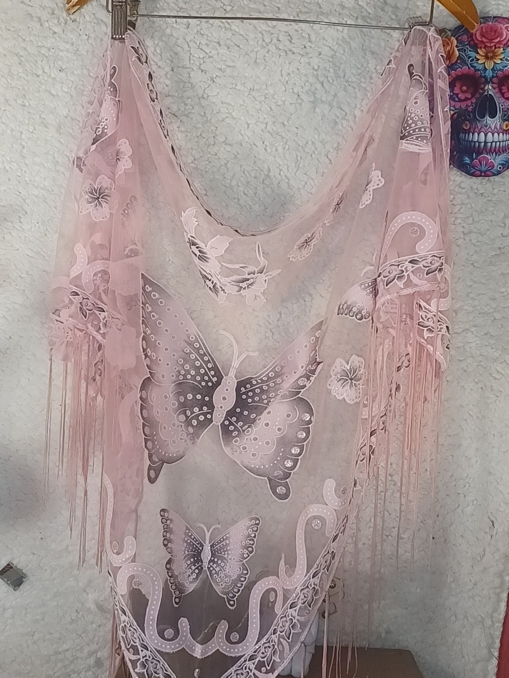 Sheer Pink Butterfly Shawl Scarf with Fringe